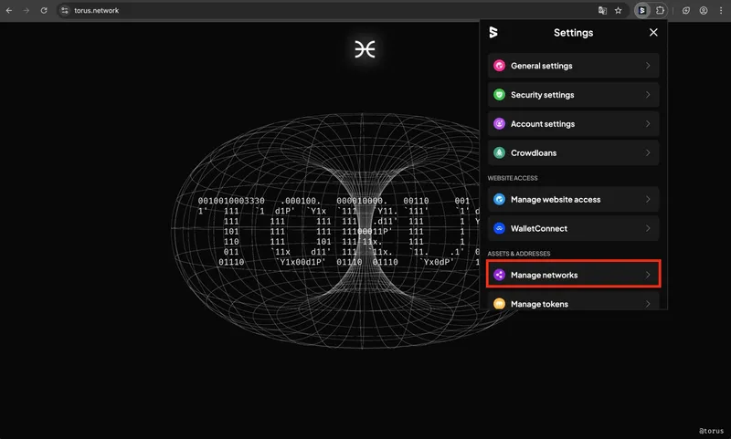 SubWallet manage networks button