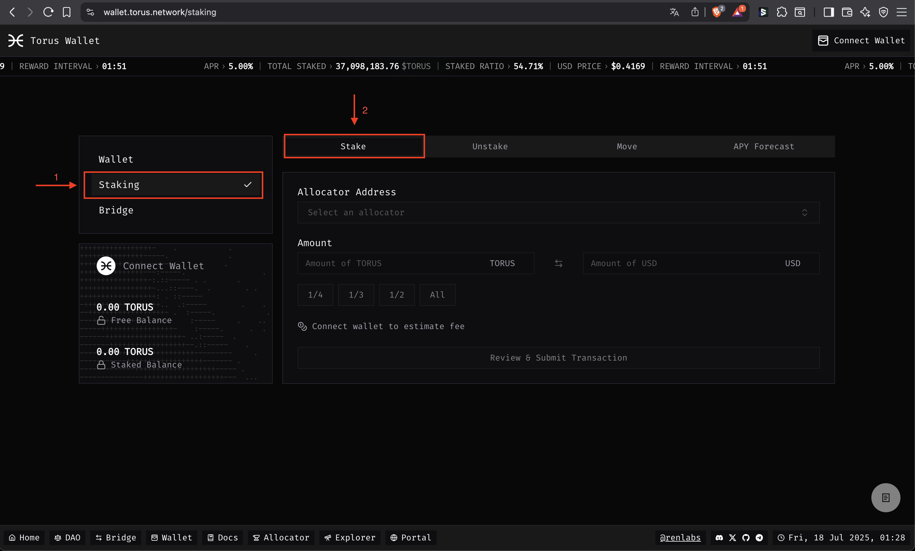 Staking tab in the Torus Wallet App