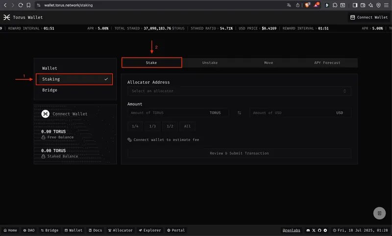 Staking tab in the Torus Wallet App